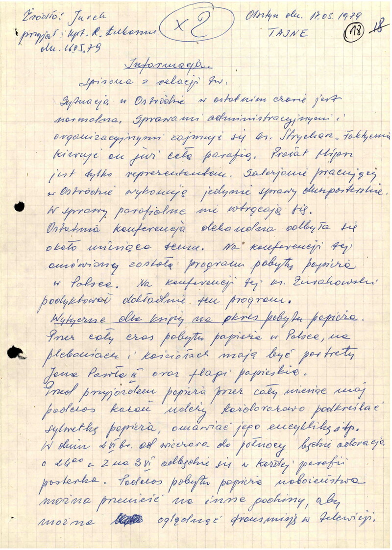 Informacja TW ps. "Jurek" z dn. 17 V 1979 r. na temat sytuacji w Ostródzie w przededniu przyjazdu Papieża do Polski, iPN Bi 085/226, cały dokument w załączonym pliku .pdf