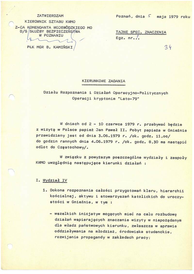 Kierunkowe zadania Działu Rozpoznania i Działań Operacyjno-Politycznych Operacji kryptonim „Lato-79”, dokument z 5 V 1979 r., IPN Po 06_203 t.1, s.34-42, cały dokument w załączonym pliku .pdf