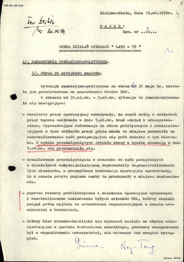 Fragment oceny działań operacji „Lato-79” w okresie 31 V – 7 VI 1979 r. Sprawozdanie KWMO w Bielsku-Białej z dn. 12 VI 1979 r. dot. m.in. Kalwarii Zebrzydowskiej, IPN BU 0811/8, s.4-16, cały dokument w załączonym pliku .pdf