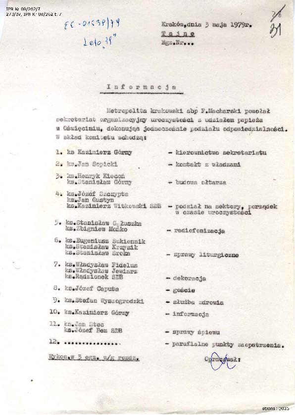 Informacja z dn. 3 V 1979 r. dot. powołania Komitetu organizacyjnego uroczystości z udziałem Papieża w Oświęcimiu, IPN Kr 08_262_t.7_s.31