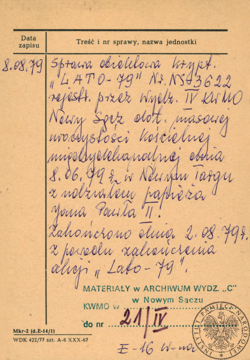 Karta Mkr-2 z Kartoteki prowadzonych spraw operacyjnych b. WUSW Nowy Sącz zawierająca informacje nt. materiałów zgromadzonych w związku z I pielgrzymką Jana Pawła II (2/2)