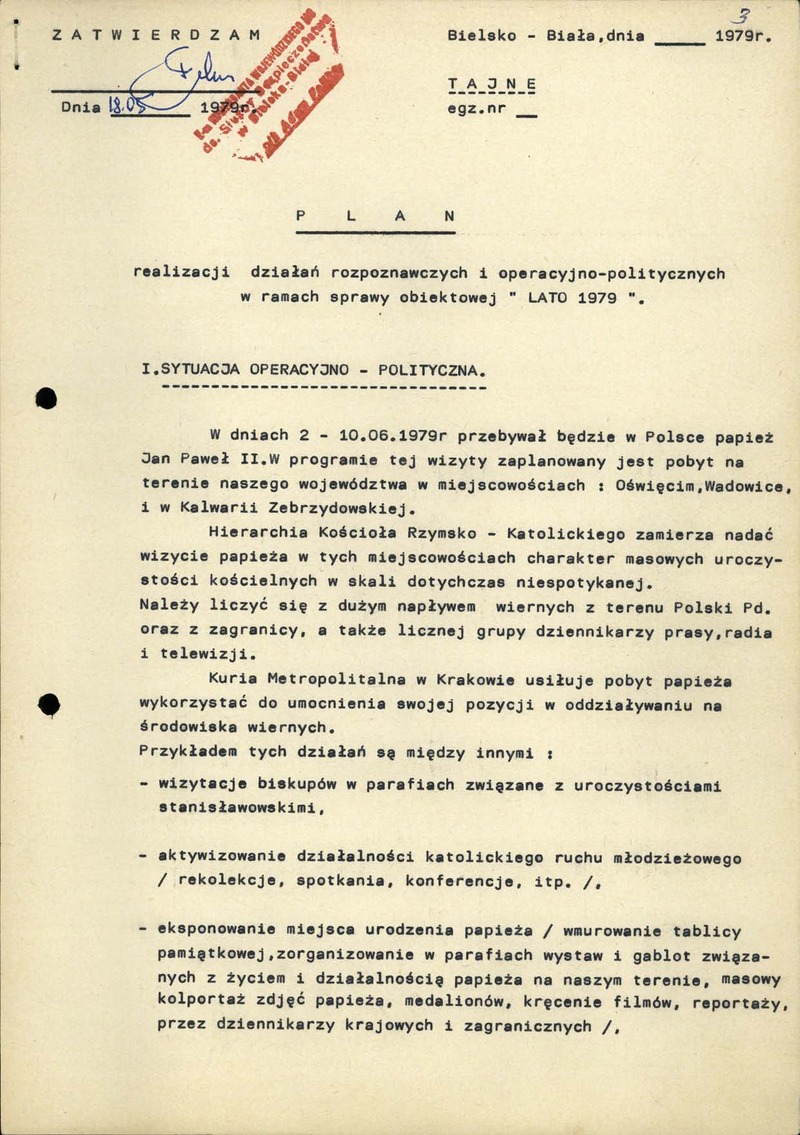 Plan realizacji działań operacyjnych w ramach sprawy obiektowej „Lato 79” m.in. na terenie Wadowic z dn. 18 V 1979 r. (IPN Ka 012/37, k. 3–15), cały dokument w załączonym pliku .pdf