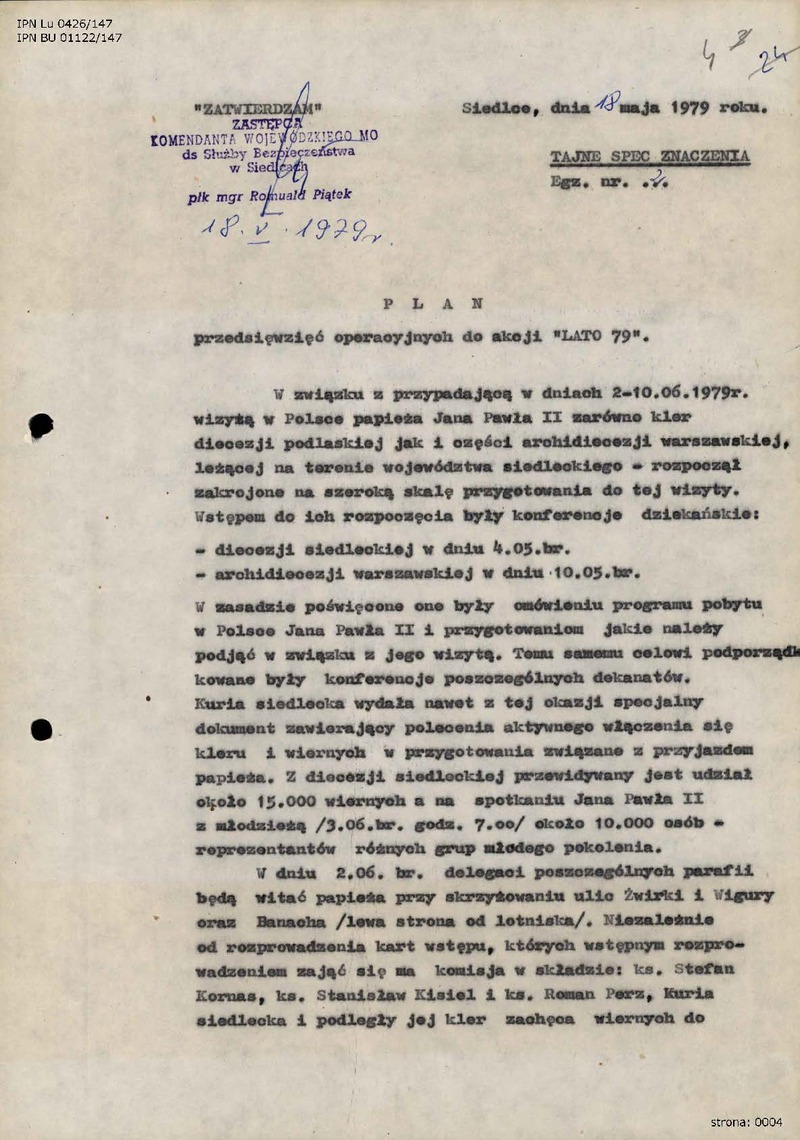 Plan przedsięwzięć operacyjnych KWMO w Siedlcach w związku z operacją „Lato-79” z 18 V 1979 r., IPN Lu 0426/147, s.4-13 (cały dokument w załączonym pliku. pdf)