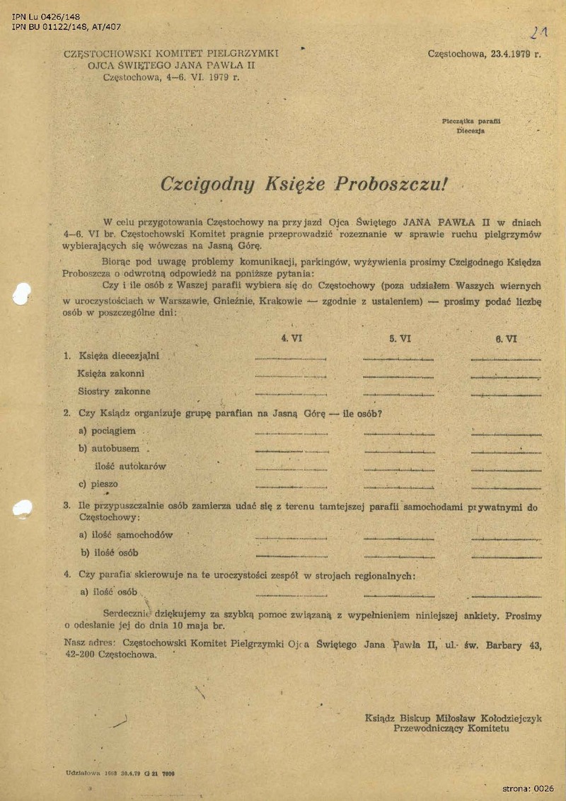 Ankieta Częstochowskiego Komitetu Pielgrzymki z 23 IV 1979 r., IPN Lu 0426/148, s. 21