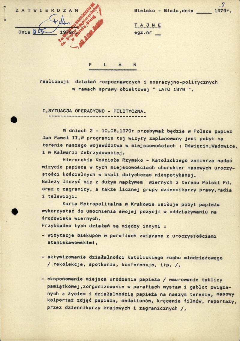 Plan realizacji działań operacyjnych w ramach sprawy obiektowej „Lato 79”, podpisany przez mjr. Romana Potockiego, naczelnika Wydz. IV KWMO w Bielsku-Białej, 18 V 1979 r. (IPN Ka 012/37, k. 3–15), cały dokument w załączonym pliku .pdf