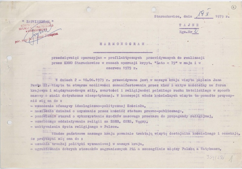 Harmonogram przedsięwzięć operacyjno – profilaktycznych przewidywanych do realizacji przez KMMO w Starachowicach w ramach operacji krypt. "Lato - 79" w maju i w czerwcu 1979 r. Starachowice, dnia 19 V 1979 r.,  w związku z wizytą papieża Jana Pawła II w Polsce, IPN Ki 049/8 (394/238) s. 2-11, cały dokument w załączonym pliku .pdf