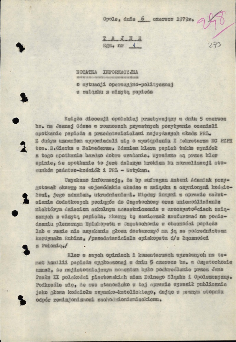 Notatka informacyjna o sytuacji operacyjno-politycznej w związku z wizytą papieża, Opole, dn. 6 czerwca 1979 r., IPN Wr 356/9, s. 273–274, cały dokument w załączonym pliku .pdf