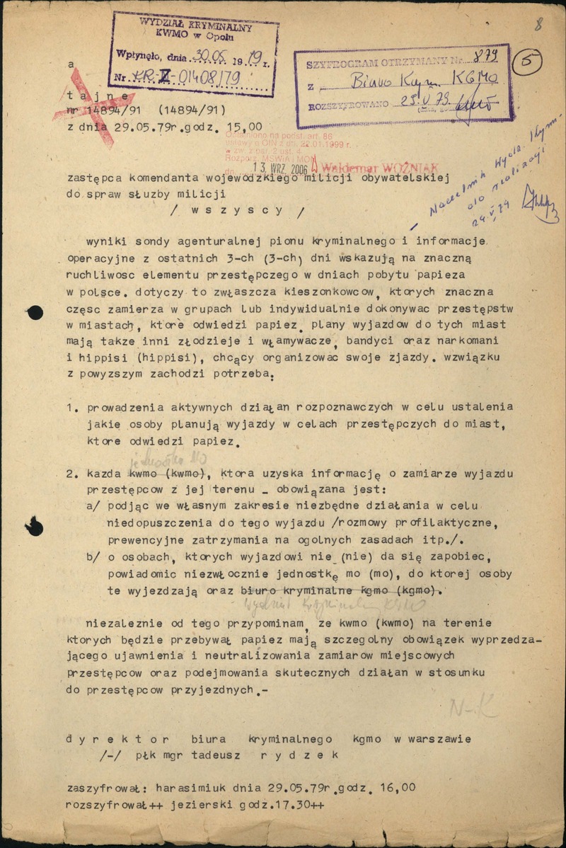 Szyfrogram nr KR-N-01408/79, zawierający wyniki sondy agenturalnej Pionu Kryminalnego KWMO, Opole, dn. 30 maja 1979 r., IPN Wr 356/161, s. 9–10, cały dokument w załączonym pliku .pdf