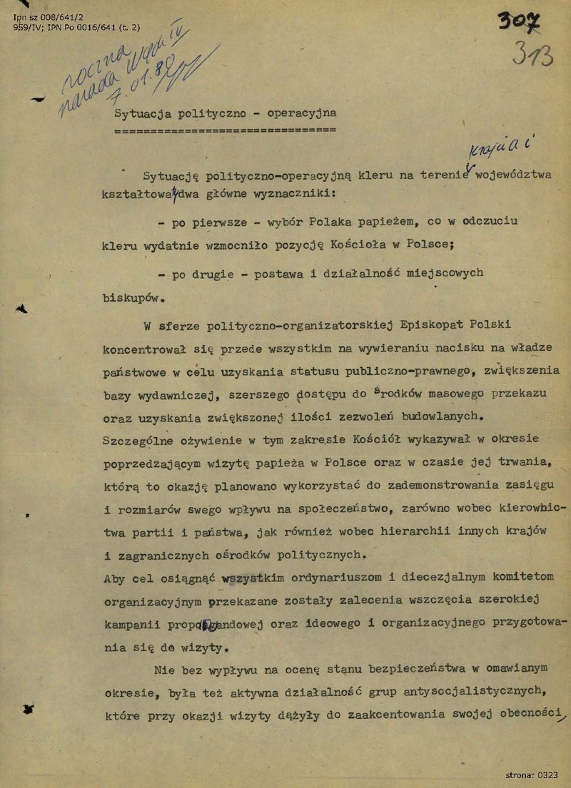 Sytuacja polityczno-operacyjna Kleru na terenie województwa szczecińskiego w 1979 r. [w związku z wizytą Papieża], IPN Sz 008_641 t. 2, s.313-315, cały dokument w załączonym pliku .pdf