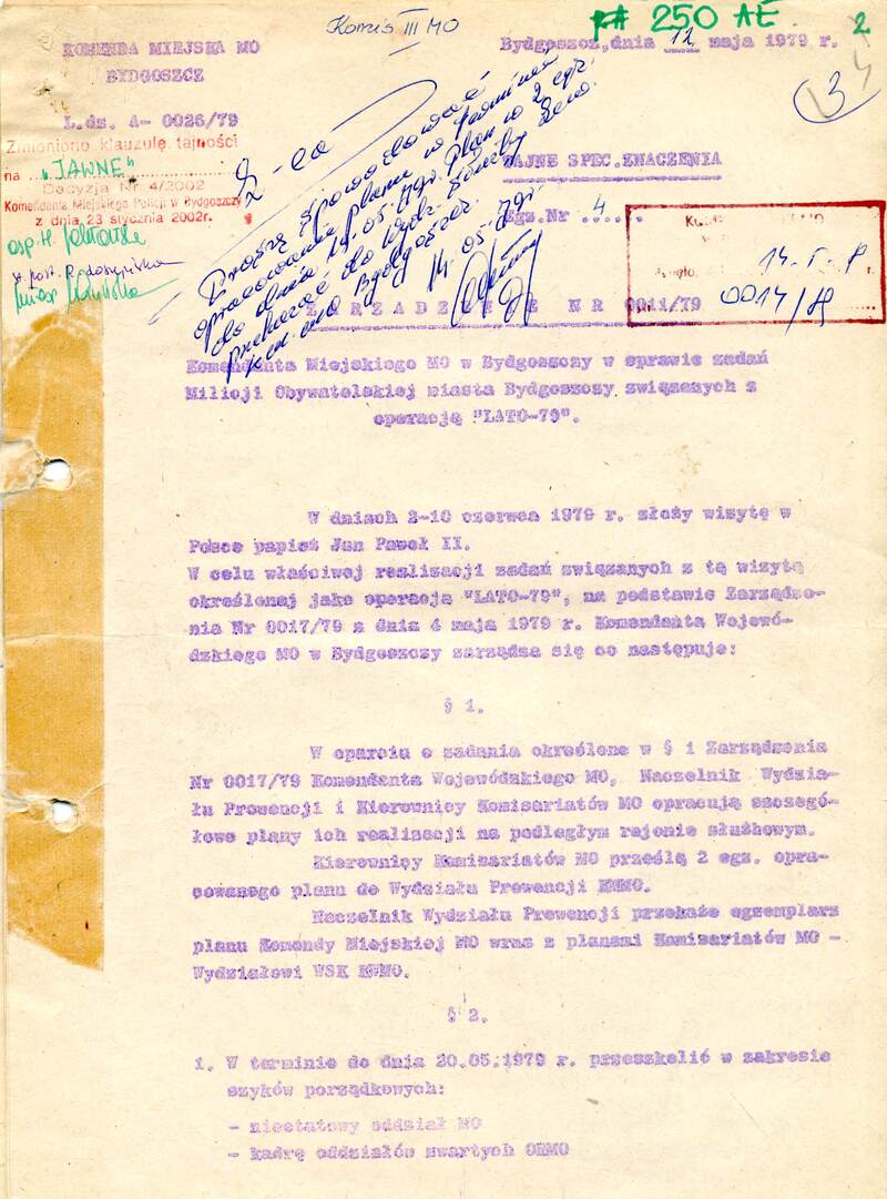 Zarządzenie nr 0011/79 Komendanta Miejskiego MO w Bydgoszczy z dn. 12 VI 1979 r. w sprawie zadań MO miasta Bydgoszczy związanych z operacją „Lato-79”, IPN By 452_40 t. 3, k.4-7, cały dokument w załączonym pliku .pdf