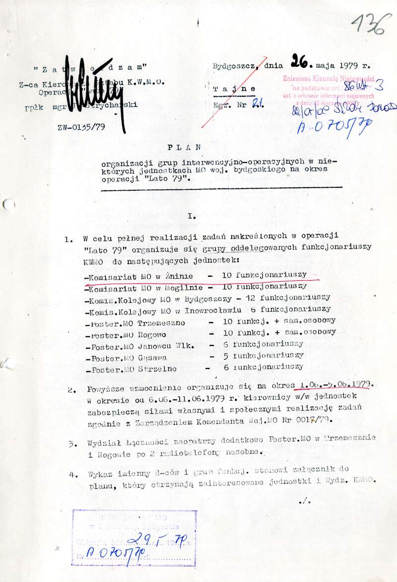 Plan z 26 V 1979 r. dot. organizacji interwencyjno-operacyjnych w niektórych jednostkach MO woj. bydgoskiego na okres operacji „Lato-79, IPN By 673_65, k.136-138, cały dokument w załączonym pliku .pdf