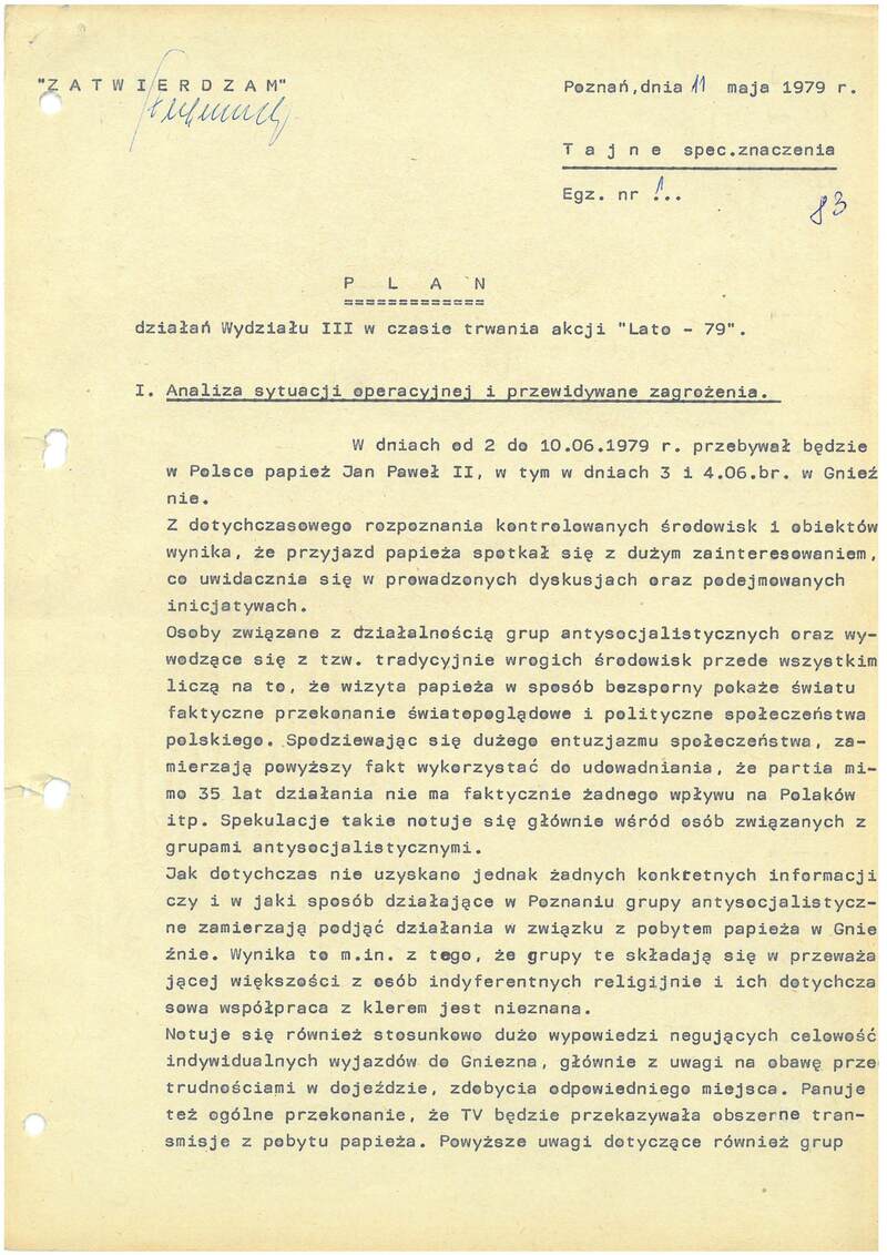 Plan działań Wydziału III w czasie trwania akcji „Lato-79”, dokument z dn. 11 V 1979 r., IPN Po 06/203 t.1, s.83-90, cały dokument w załączonym pliku .pdf