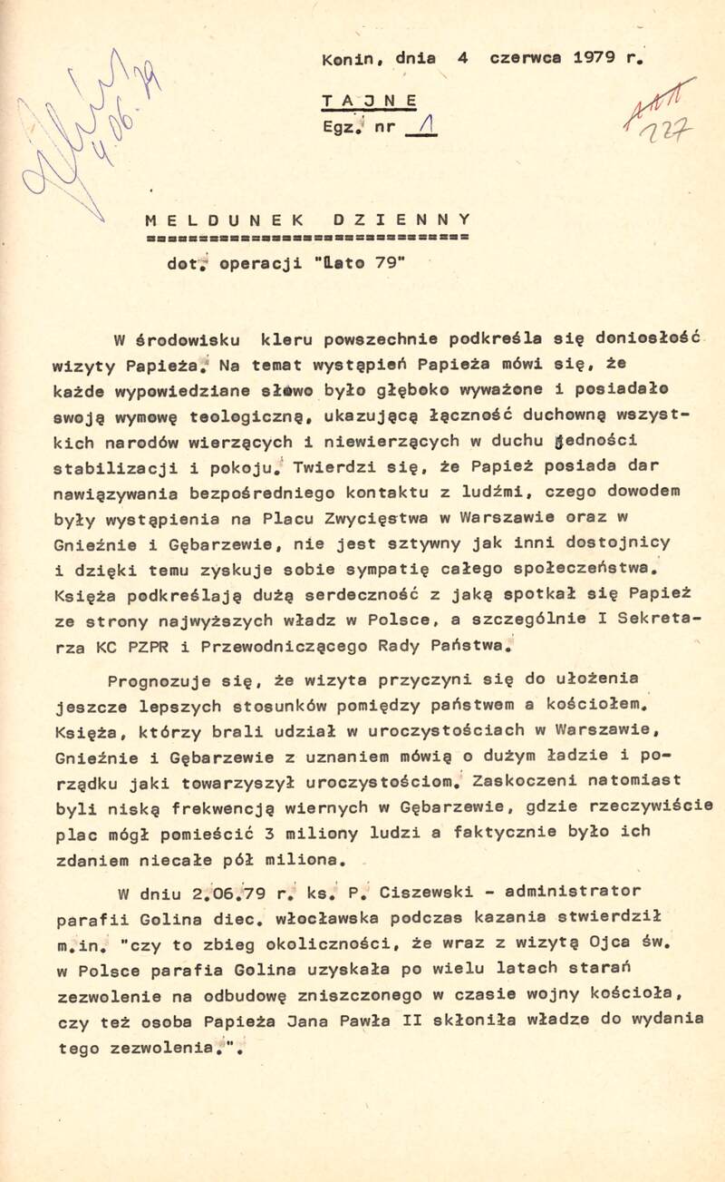 Meldunek dzienny dot. operacji „Lato-79” Konin, 4 VI 1979, IPN Po 0265_54, s.227-228, cały dokument w załączonym pliku .pdf
