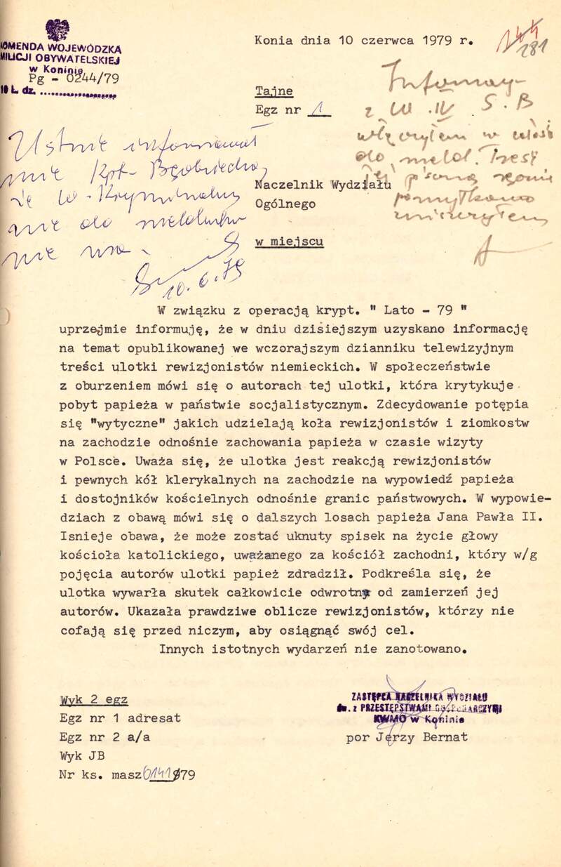 Informacja z 10 VI 1979 dot. reakcji społeczeństwa na temat ulotki opublikowanej przez rewizjonistów niemieckich, IPN Po 0265_54, s.281, cały dokument w załączonym pliku .pdf