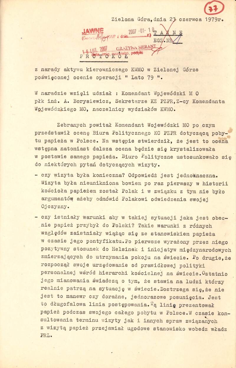 Protokół z narady aktywu kierowniczego KWMO w Zielonej Górze poświęconej ocenie operacji „Lato-79”, IPN Po Pf266_123, s.77-82, dokument z 23 VI 1979 r., cały dokument w załączonym pliku .pdf