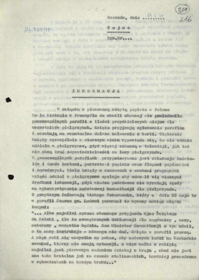 Informacja z dn. 24 V 1979 r. dot. komentarzy na temat wizyty papieskiej na terenie woj. przemyskiego i rzeszowskiego, IPN Rz 053_73_7_2, s.216-217, cały dokument w załączonym pliku .pdf