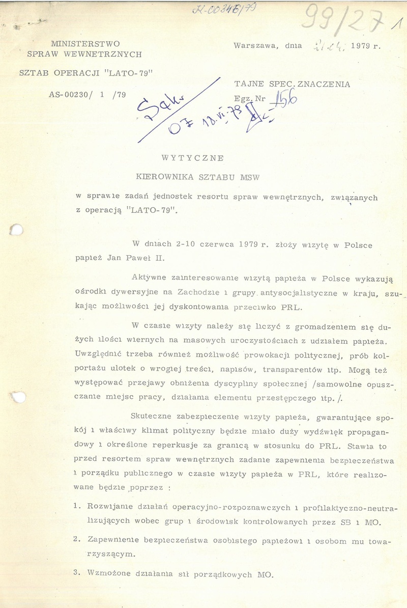 WUSW w Przemyślu, Wytyczne kierownictwa Sztabu MSW z dnia 21.04.1979 r. ws. zadań jednostek resortu spraw wewnętrznych, związanych z operacją „Lato-79”, sygn. IPN Rz 00370_7, s.1-6, cały dokument w załączonym pliku .pdf