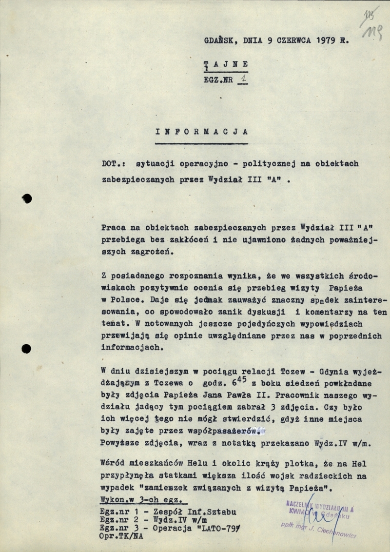 Informacja Naczelnika Wydziału III A KWMO w Gdańsku z 9 VI 1979 r. zawierająca m.in. plotkę o przybyciu na Półwysep Helski wojsk radzieckich w związku z wizytą Papieża, IPN Gd 0046/339 t.13, s.119
