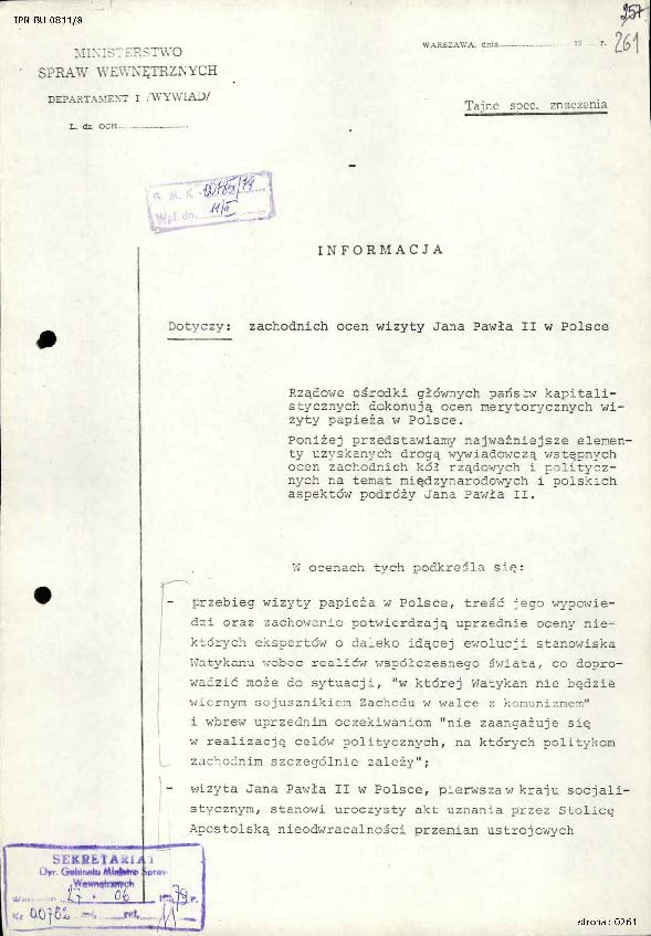 Informacja Departamentu I MSW [brak daty] dot. zachodnich ocen wizyty Jana Pawła II w Polsce, IPN BU 0811/8, s.261-276, cały dokument w załączonym pliku .pdf
