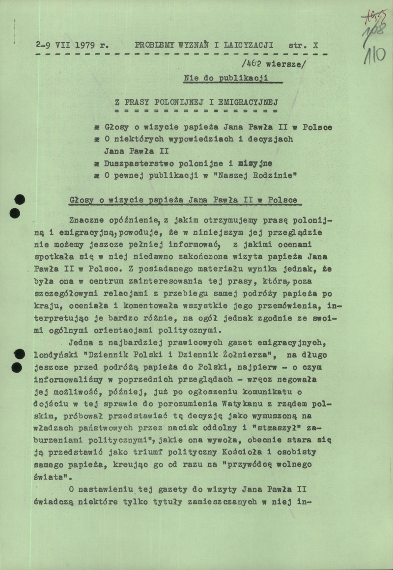 Fragment opracowania Problemy wyznań i laicyzacji (2-9 VII 1979 r.) dot. reakcji w prasie polonijnej i emigracyjnej na wizytę Papieża, IPN BU 0713/178, s.110-114v, cały dokument w załączonym pliku .pdf