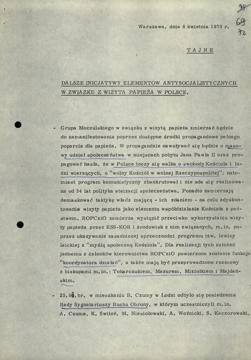 Informacja z dn. 6 IV 1979 r. – Dalsze inicjatywy elementów antysocjalistycznych w związku z wizytą papieża w Polsce, IPN BU 0296/216 t.3, s.72-75, cały dokument w załączonym pliku .pdf