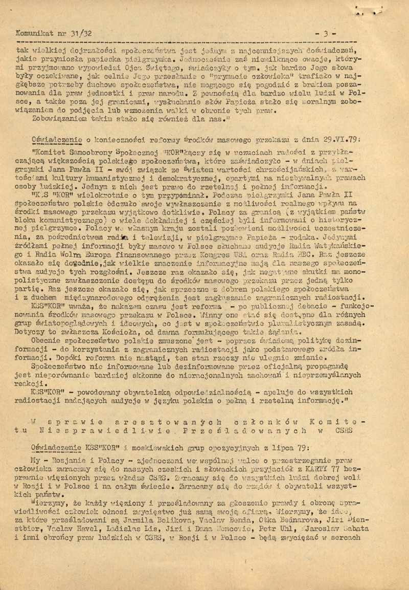 Komunikat nr 31/32KSS "KOR" z 1 IX 1979 r. w związku z pielgrzymką Jana Pawała II do Polski, IPN BU 1042/170 s.5-6