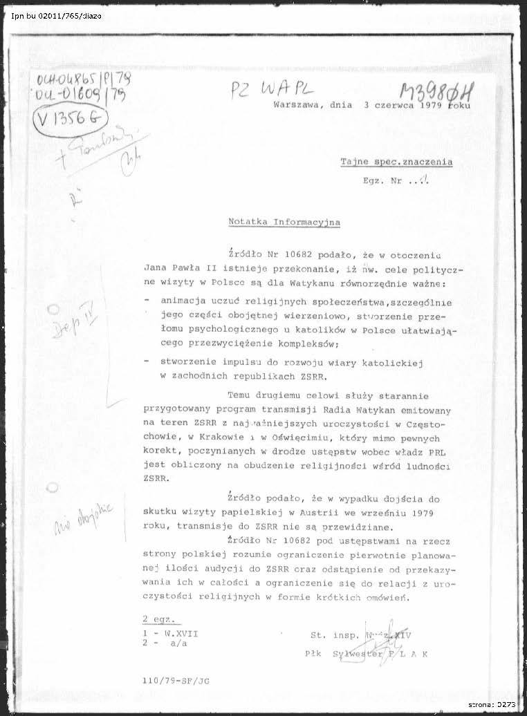 Notatka informacyjna z dn. 3 VI 1979 r. dot. celów politycznych Watykanu związanych z wizytą Papieża w Polsce, IPN BU 02011_765_cz1_s.273, cały dokument w załączonym pliku .pdf