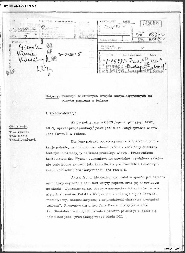 Szyfrogram z dn. 11 VI 1979 r. dot. reakcji niektórych  krajów socjalistycznych na wizytę papieża w Polsce, IPN BU 02011_765_cz1_s.41_45, cały dokument w załączonym pliku .pdf